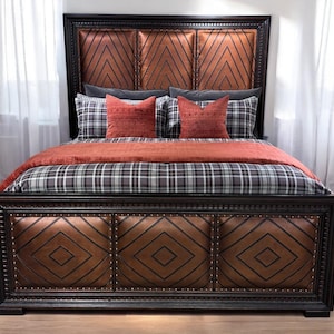 Rustic Leather King Size Bed Frame: Handcrafted Solid Wood, Western Style