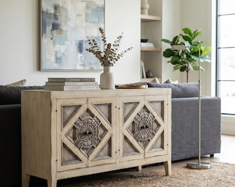 Distressed Wood Sideboard Buffet: Hand-Carved Medallion Doors, Farmhouse Console Table