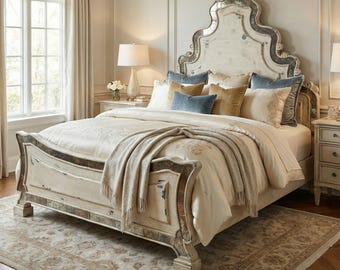French Country King Bed Frame, Hand Carved Solid Wood Bed with Antique Mirror Headboard, Luxury Master Bedroom Furniture, Artisan King Bed