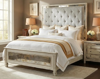 French Country King Bed Frame, Hand Carved Solid Wood Bed with Aged Mirror Headboard, Luxury Master Bedroom Furniture, Handcrafted Heirloom