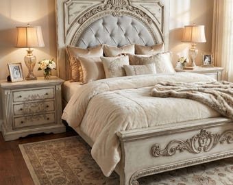 Solid Wood Handmade King Bed Frame, Upholstered Tufted Headboard Bed, French Country Farmhouse Luxury Bedroom Furniture