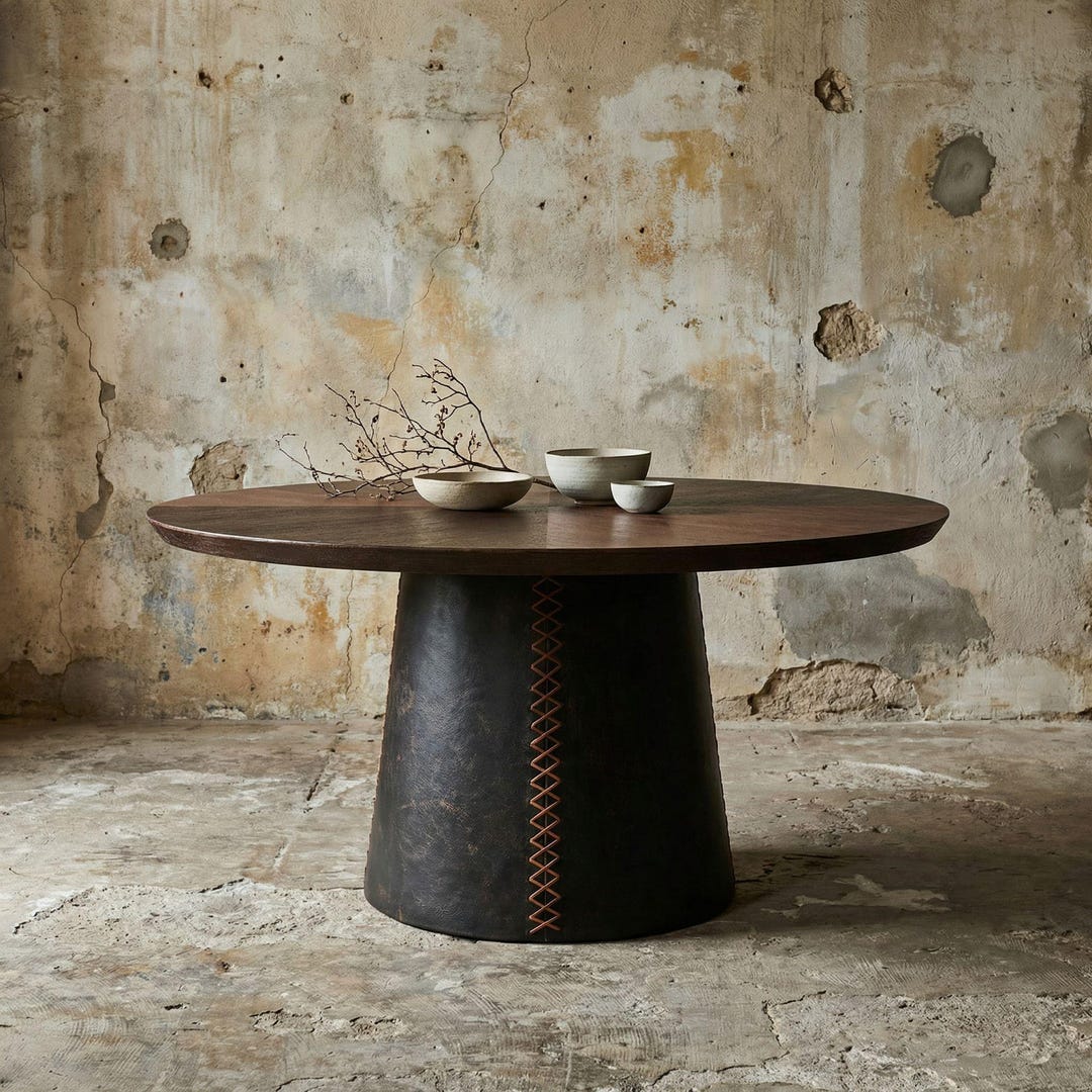 Round Dining Table, Solid Wood Dining Table, Leather Wrapped Base Table ...