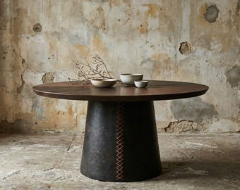 Round Dining Table, Solid Wood Dining Table, Leather Wrapped Base Table, Hand Stitched Pedestal Table, Rustic Luxury Dining Furniture