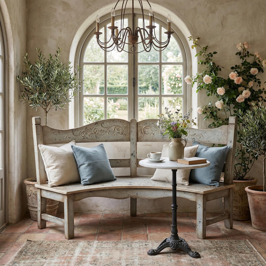 Rustic Curved Wooden Bench With Back: Handcrafted Distressed Farmhouse ...