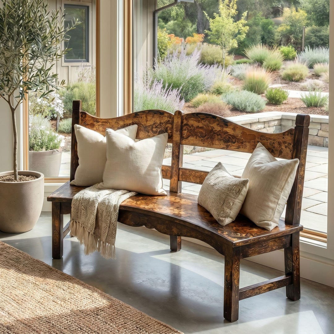Rustic Bench With High Back Rustic Curved Wooden Bench With Back: Handcrafted Distressed Farmhouse ...