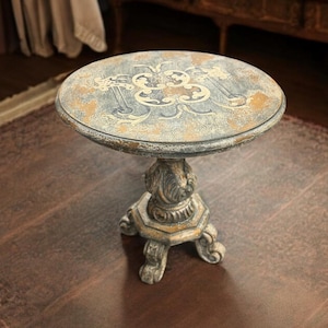 Hand-Painted Distressed Wood Round Table | Antique-Style Accent Table | Vintage Rustic Pedestal Side Table | Small Carved Wooden End Table