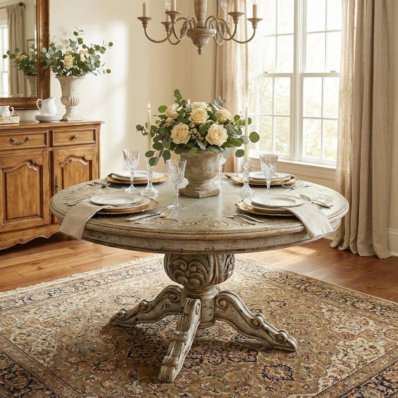 Rustic Round Wood Dining Table 60 diam: Handcrafted Farmhouse Pedestal Dining Kitchen table image 2
