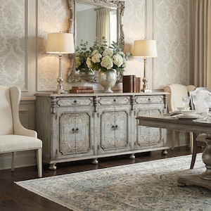 Vintage Style Wood Buffet -Handcrafted Skinny Cabinet with Ornate Carved Flair, Farmhouse Wooden Buffet , entryway sideboard.