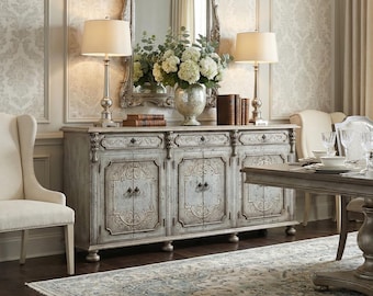 Vintage Style Wood Buffet -Handcrafted Skinny Cabinet with Ornate Carved Flair, Farmhouse Wooden Buffet , entryway sideboard.