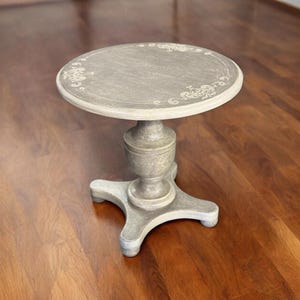 Hand-Painted Round Side Table | Vintage Rustic Pedestal Accent Table | Small Carved Wooden End Table | Antique-Style Furniture