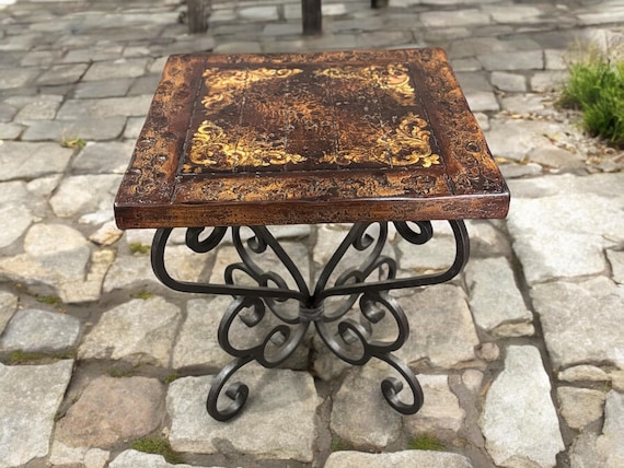 Spanish Style Wood Square Table Wrought Iron Base hand Painted Wood Table rustic Side Table Etsy