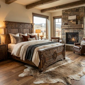 Solid Wood Mountain Modern King Bed Frame – Rustic Solid Wood Carved Bed | Handmade Western Ranch Style Bedroom Furniture | Custom made