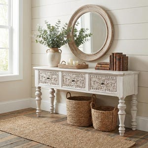 Handmade Distressed Wood Console Table – Carved Drawers, Farmhouse Entryway