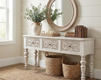 Handmade Distressed Wood Console Table – Carved Drawers, Farmhouse Entryway