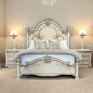 Handmade French Country King Bed ,Solid Wood King Headboard, Master Bedroom Decor, Rustic Hand painted Bed| Custom made Bed furniture,