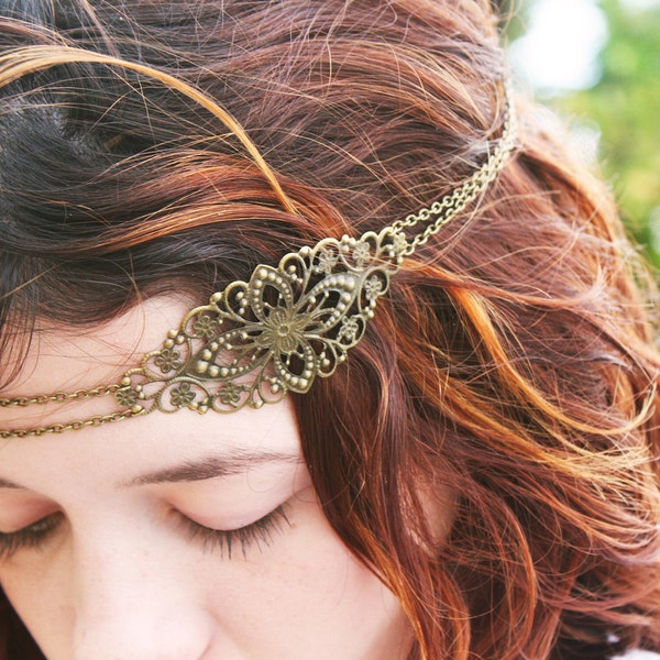 Chain Headpiece Headband  Hair Piece Bohemian Hipster Boho Hippie Bronze Floral Long Centerpiece Bridal Statement Jewelry