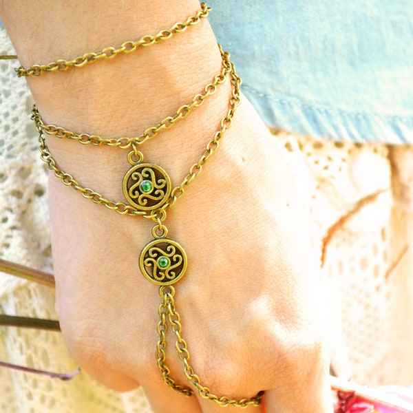 Sklaven Armband Hand Armband Stück Slave Ring "Zigeuner" Hipster Hand Stück Schmuck Bronze Kette böhmischen zwei Smaragd Crystal Bead Charm Chevron