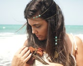 Chain Headpiece Headband  Hair Piece Bohemian Hipster Boho Hippie Bronze Turquoise Two Strand Feather Pendant Bridal Statement Jewelry