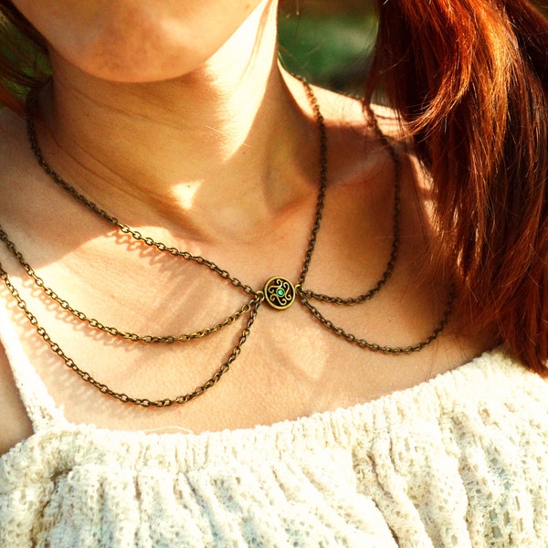 Peter Pan Collar Necklace Charm Chain Necklace Bohemian Hipster Boho Emerald Bronze Charm Chain