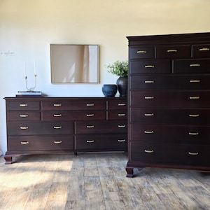 Vintage Henredon Dresser & Tallboy Set | Solid Wood | Refinished in Kona | Modern Hardware | High-End Vintage Furniture