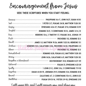May include: A monochrome print featuring the words "Encouragement from Jesus" and a list of Bible verses. The image includes a floral border and a quote from Jeremiah 33:3.