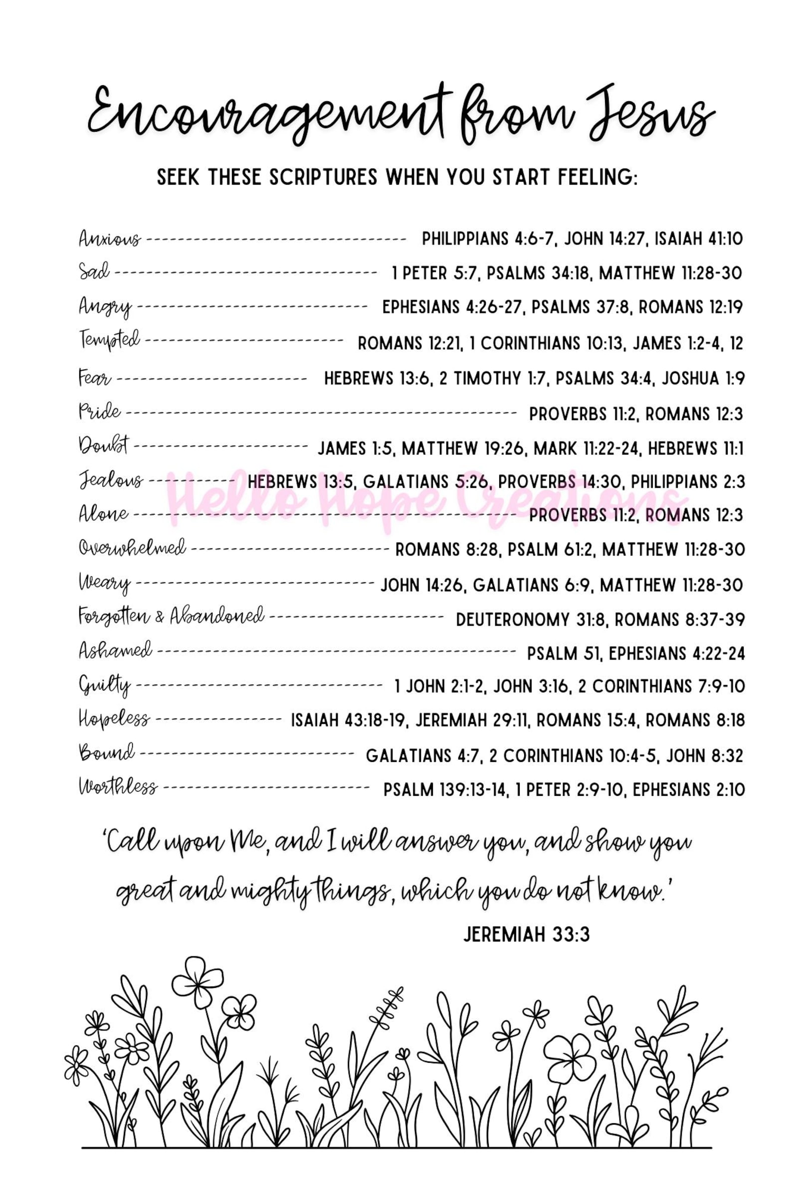 Printable Scripture References Floral Bible Verse Reference Sheet – Encouragement From Jesus ...
