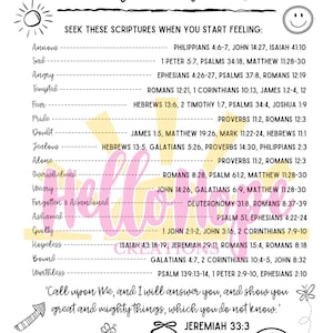 Puede incluir: Una impresión inspiradora en blanco y rosa titulada "Encouragement from Jesus". Enumera versículos bíblicos para diversas emociones como la ansiedad y el miedo. Incluye elementos decorativos como un sol, una carita sonriente y corazones. También aparece el texto "Call upon Me..."