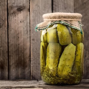 May include: A glass jar filled with dill pickles, covered with a burlap lid. The jar is sitting on a rustic wooden surface.