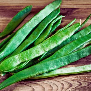 A pile of fresh green beans on a wooden surface.