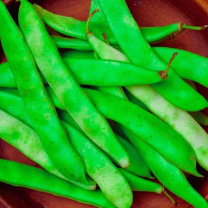 A wooden bowl filled with fresh green beans.