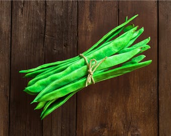 May include: A bundle of fresh, vibrant green beans tied with twine, resting on a dark brown wooden surface. The beans are long and flat, showcasing their natural texture and color. The image highlights the freshness of the produce.