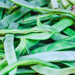 A close-up image of green beans or peas, with their long, slender stalks and pods visible.