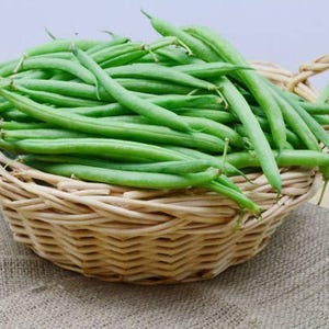 May include: A wicker basket filled with fresh green string beans.