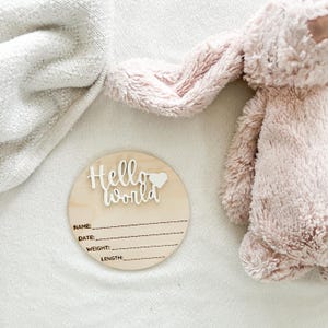 Signe Hello World Signe des statistiques de naissance Annonce du nom de bébé Signe du nom de l'hôpital Signe en bois du nouveau-né Sexe Surprise Signe du nom de bébé Accessoire photo