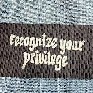recognize your privilege sew on patch | activist patch | diy punk fashion accessory | linocut