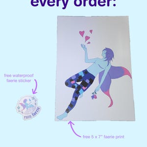 a graphic with the title reading "included with every order:" with a picture of a 5 x 7" print of a faerie, and a rain faerie logo sticker. rain faerie's typographic logo lies in the middle of the bottom of the page.