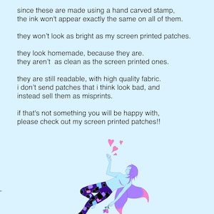 May include: Light blue background with the word "disclaimer" in purple. Text explains the nature of handmade patches. An illustration of a figure with purple hair and leggings, holding a flower, with hearts floating above. The text "rain faerie" is at the bottom.