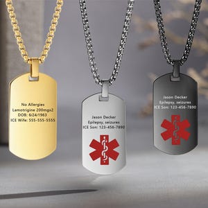 Amuleto de alerta médica, collar médico, collar para hombres, regalos para el cuidado del corazón, alerta médica personalizada, alerta de epilepsia, etiqueta de alerta médica, alergia médica