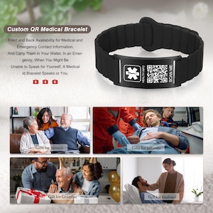 May include: Black medical ID bracelet with a QR code and the text "SCAN ME". The bracelet has a black band and a metal plate with a medical symbol. The text on the image reads "Custom QR Medical Bracelet".