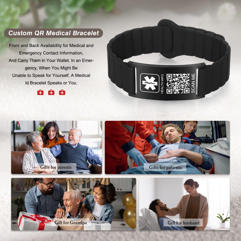 May include: Black medical ID bracelet with a QR code and the text "SCAN ME". The bracelet has a black band and a metal plate with a medical symbol. The text on the image reads "Custom QR Medical Bracelet".