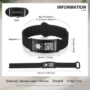 May include: Black medical ID bracelet made of stainless steel and silicone. The bracelet has a magnetic clasp and includes a QR code and the words "HEALTH INFO" and "SCAN ME". The bracelet is approximately 9.45 inches long and 0.87 inches wide.