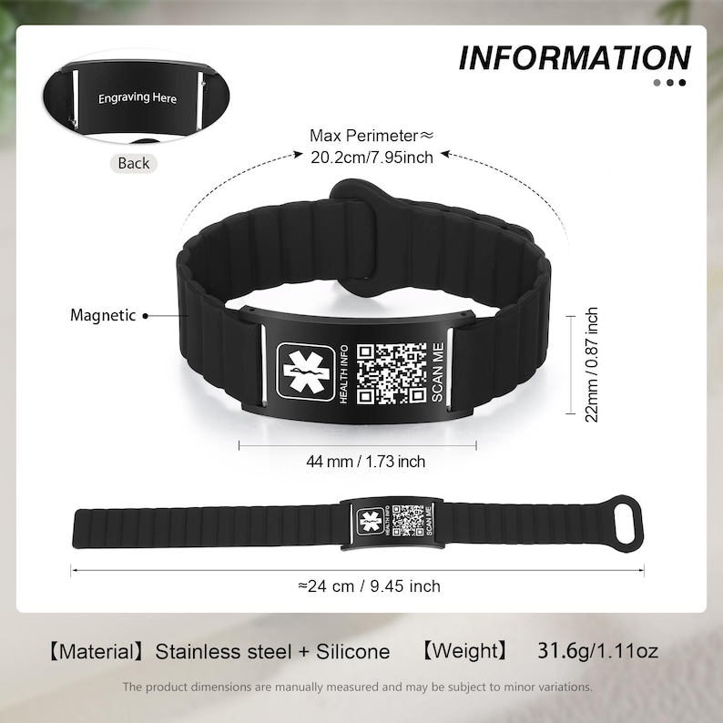May include: Black medical ID bracelet made of stainless steel and silicone. The bracelet has a magnetic clasp and includes a QR code and the words "HEALTH INFO" and "SCAN ME". The bracelet is approximately 9.45 inches long and 0.87 inches wide.