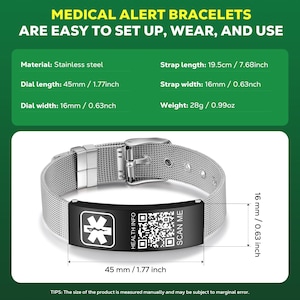 May include: Stainless steel medical alert bracelet with a mesh band and black plate. The plate features a medical symbol, QR code, and the text "HEALTH INFO" and "SCAN ME". The dial is 1.77 inches long and 0.63 inches wide.