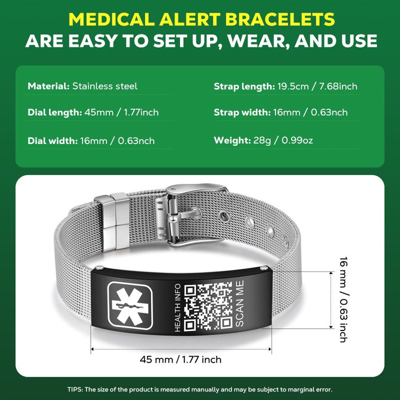 May include: Stainless steel medical alert bracelet with a mesh band and black plate. The plate features a medical symbol, QR code, and the text "HEALTH INFO" and "SCAN ME". The dial is 1.77 inches long and 0.63 inches wide.