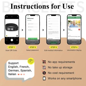 May include: Instructions for use of a medical alert bracelet. The image shows a black bracelet with a QR code, and step-by-step instructions on a smartphone. The steps include scanning the QR code, setting up a password, editing medical information, and displaying information.