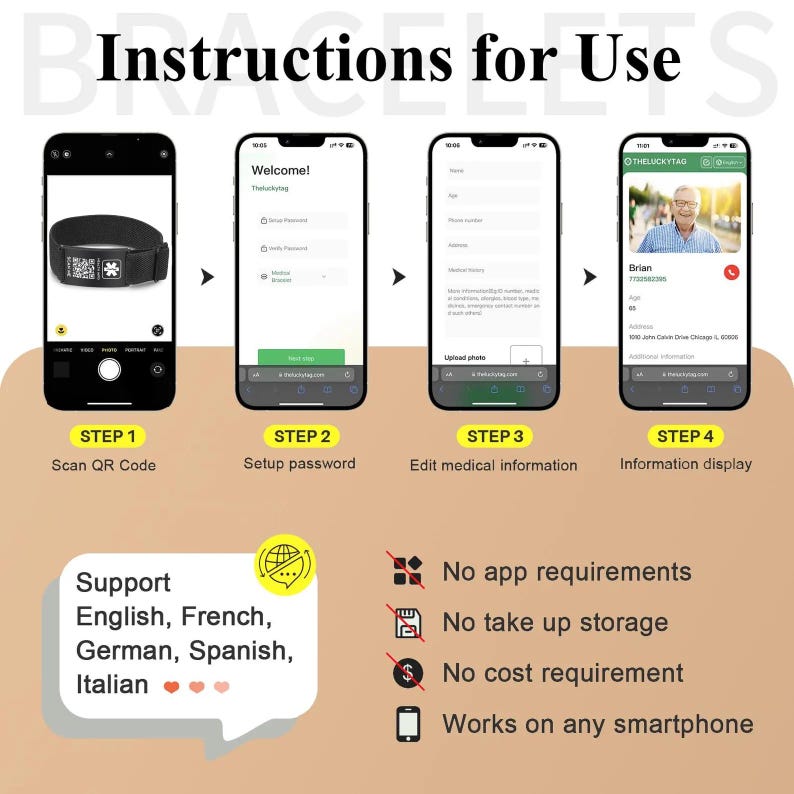 May include: Instructions for use of a medical alert bracelet. The image shows a black bracelet with a QR code, and step-by-step instructions on a smartphone. The steps include scanning the QR code, setting up a password, editing medical information, and displaying information.