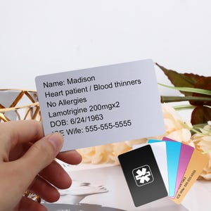 Tarjeta médica, tarjeta de identificación médica para niños, tarjeta de alergias, tarjeta de celiaquía, tarjeta de información hospitalaria, tarjeta de ayuda para el bolso, tarjeta de alergia para restaurantes, tarjeta de billetera metálica