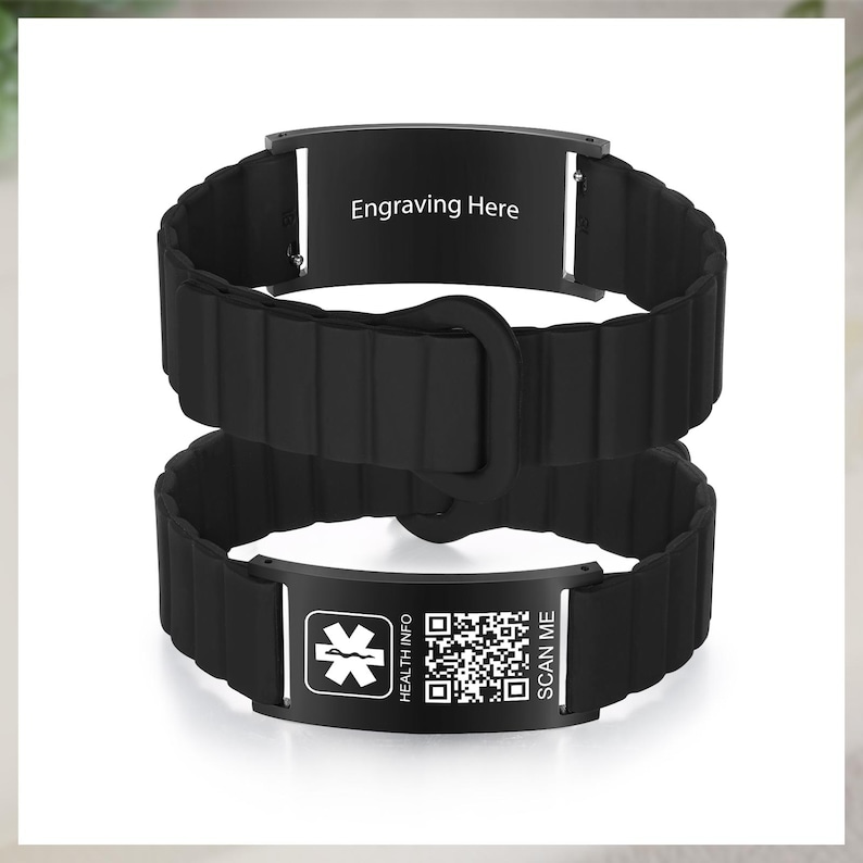 May include: Black medical ID bracelet with a textured band and a metal plate. The plate reads "Engraving Here" on one side and features a medical symbol, QR code, and the text "Health Info" and "Scan Me" on the other.