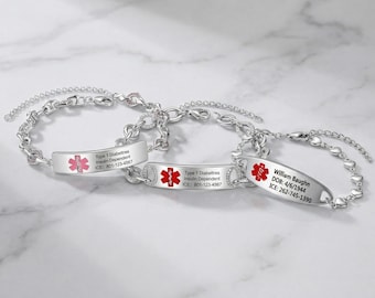 Pulsera de alerta médica, pulsera de identificación para mujer, identificación médica de emergencia, alerta médica personalizada, identificación médica personalizada, pulsera de salud, joyería médica