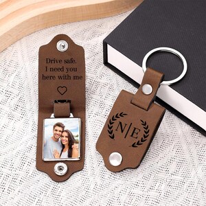 Llavero de cuero con foto, llavero con texto personalizado, llavero personalizado, llavero de conducción segura, llavero con foto, llaveros para mujer, llavero de cuero